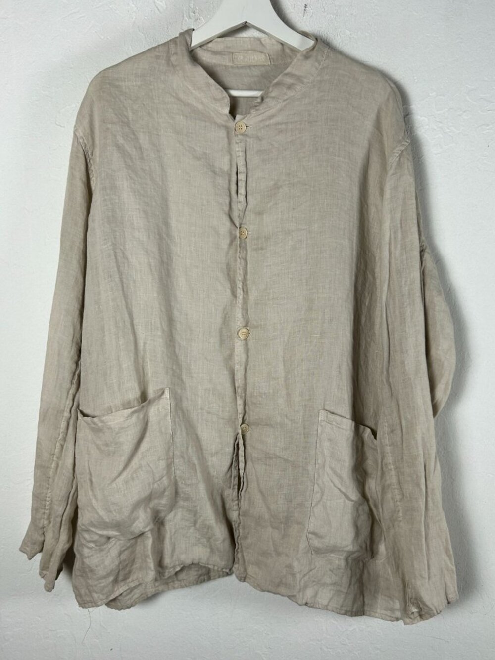 CP Shades Womens Linen Stand Collar Shirt Jacket XL Beige Tan Lagenlook Pockets